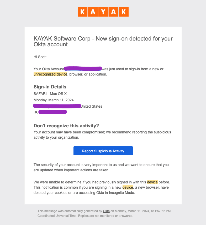 Okta suspicious login email